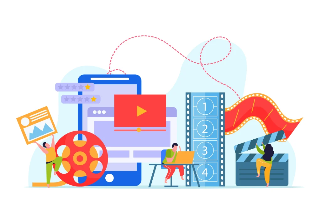 تصویر مفهومی از فرآیند تولید محتوا ویدیویی، شامل فیلمبرداری، تدوین، و دریافت بازخورد مخاطبان روی پلتفرم موبایل.