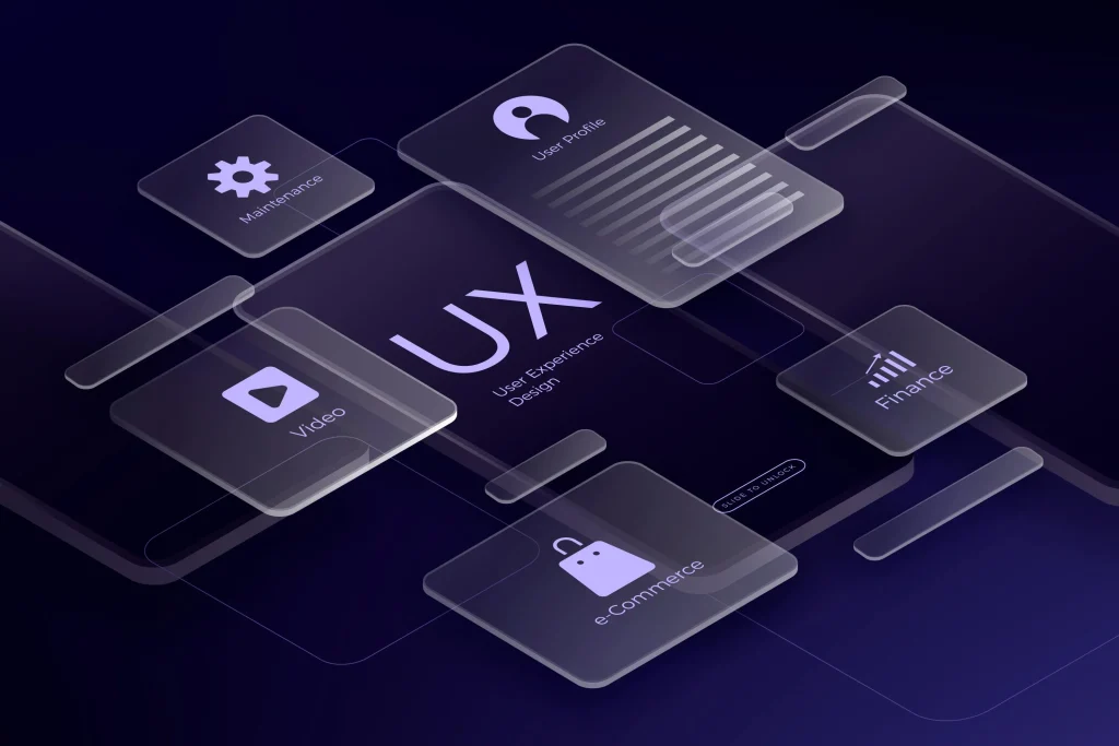 مفهوم معماری اطلاعات در طراحی اپلیکیشن؛ المانهای رابط کاربری (UI) و تجربه کاربری (UX) مانند پلیر ویدئو و اسلایدرها به صورت ساختاریافته در اطراف یک گوشی هوشمند نمایش داده شدهاند.