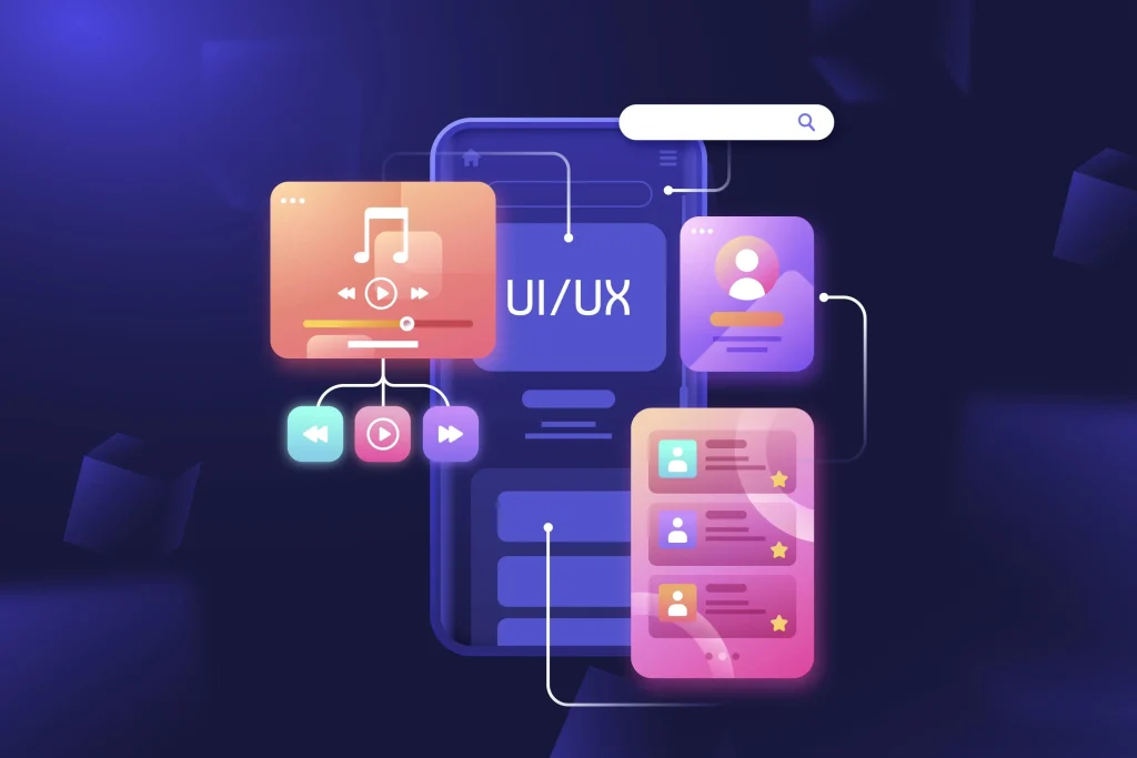 نمایش گرافیکی معماری اطلاعات در طراحی UI/UX؛ اجزای مختلف یک اپلیکیشن مانند پلیر موسیقی و پروفایل کاربر به صورت سازمانیافته در اطراف یک گوشی هوشمند چیده شدهاند
