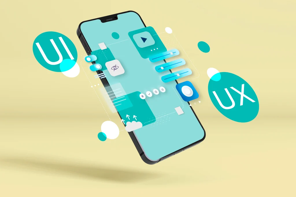 تصویر مفهومی از معماری اطلاعات در طراحی تجربه کاربری (UX)؛ نمایش بخشهای مختلف یک سیستم دیجیتال مانند پروفایل کاربر، فروشگاه و امور مالی بر روی پنلهای شیشهای مجزا